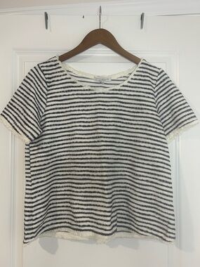 Green Envelope Nautical Striped Knit Top with Frayed Hem